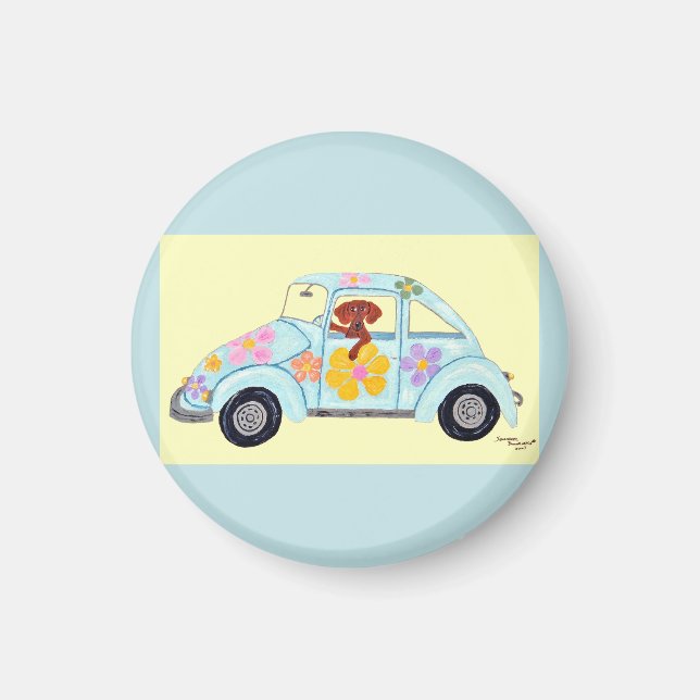 Imã Dachshund em carro Hippie  (Frente)