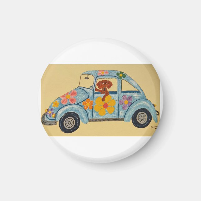 Imã Dachshund em carro hippie (Frente)