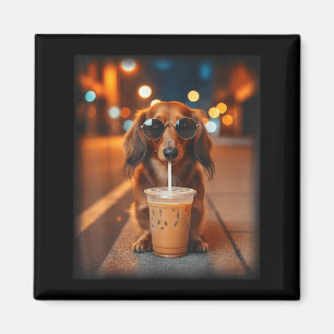 Imã Dachshund engraçado bebendo café gelado amante do