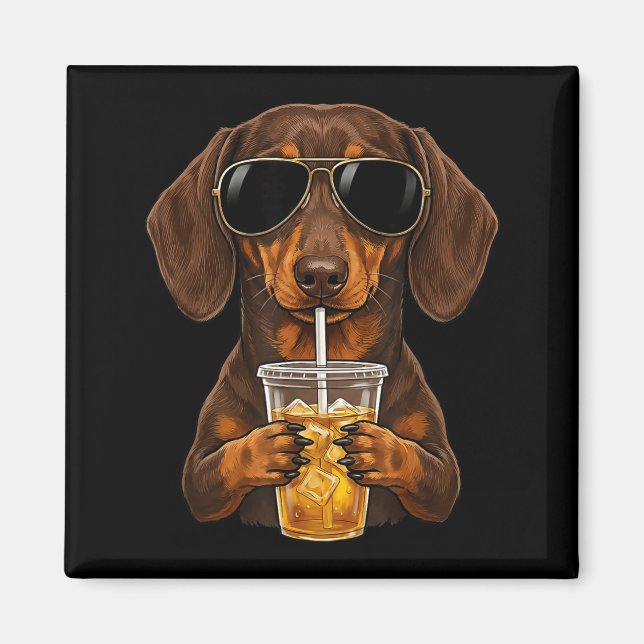 Imã Dachshund engraçado bebendo café gelado meme de ca (Frente)