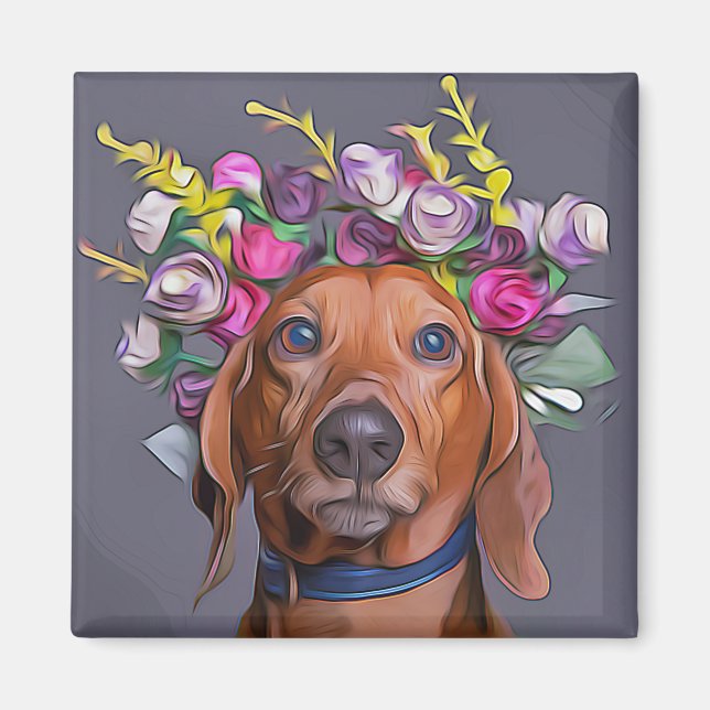 Imã Dachshund Fechar As Flores De Dachshund Vestindo (Frente)
