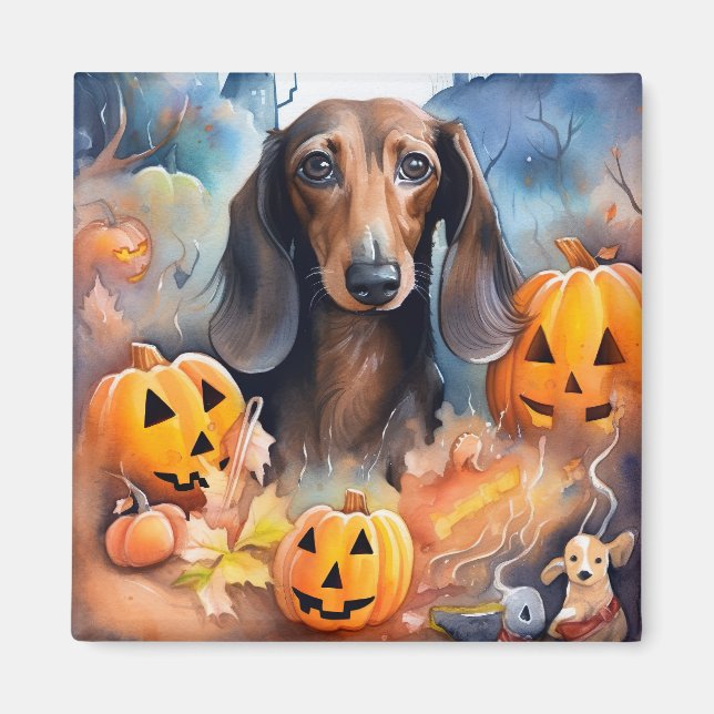 Imã Dachshund Halloween Com Abóboras Assustador (Frente)