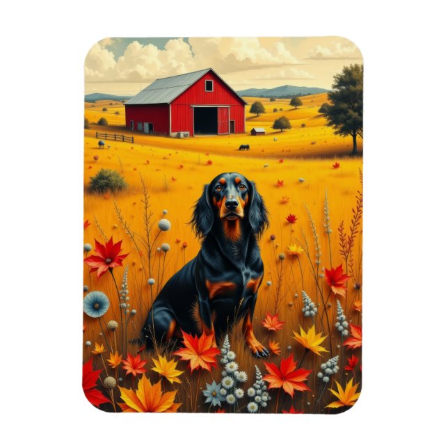Ímã dachshund na fazenda no outono (Vertical)