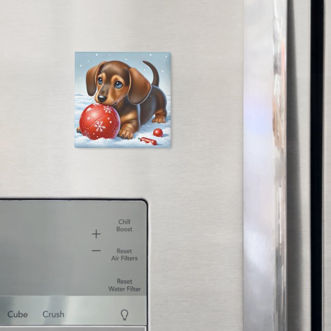 Imã Dachshund Puppy Adorável Brincando Com Bola Vermel (In Situ (Fridge))
