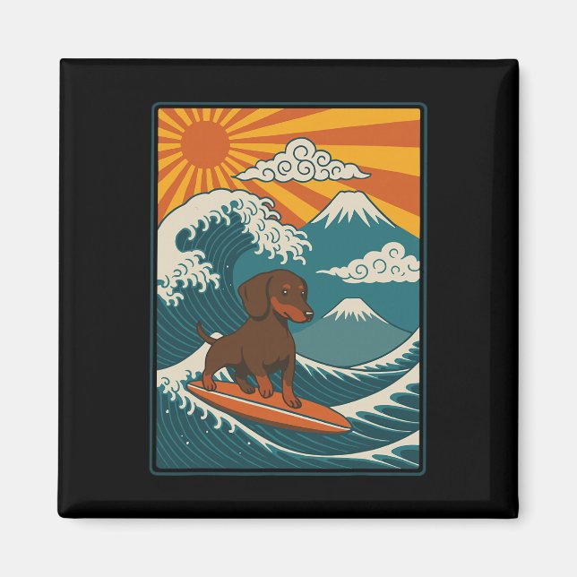 Imã Dachshund Surfando Onda Japonesa Cachorro Salsicha (Frente)