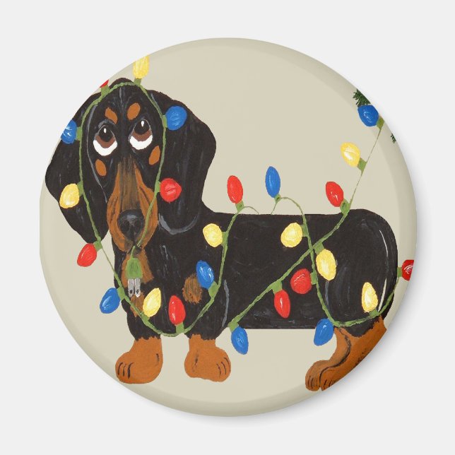 Imã Dachshund Tangido Em Luzes De Natal Blk/Tan (Frente)