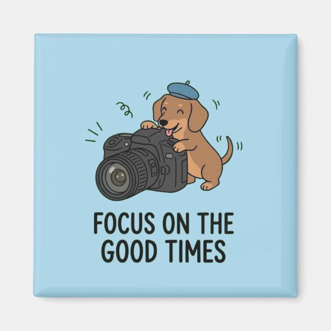 Imã Dachshund With Camera "Focus on Good Times" Blue  (Frente)