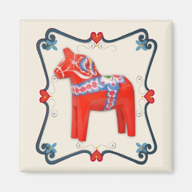 Imã Dala Horse Folk Art em Sueco (Frente)
