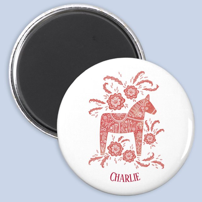 Imã Dala Horse Swedish Personalizado (Swedish Dala Horse red and white folk art personalized name magnet)