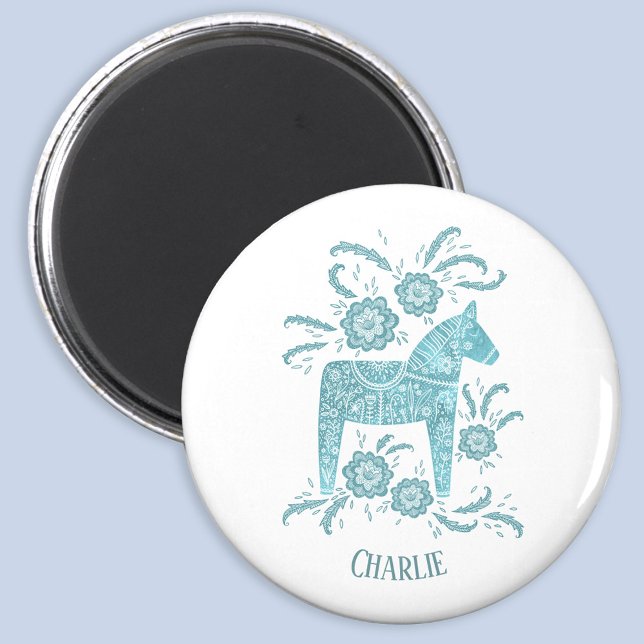 Imã Dala Horse Teal Folk Art Nome Personalizado (Swedish Dala Horse personalized custom name magnet)