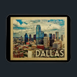 Ímã Dallas Texas Viagens vintage<br><div class="desc">Design de Dallas Texas em estilo Viagens vintage com uma vista de horizonte de horizonte de cidade expansiva.</div>