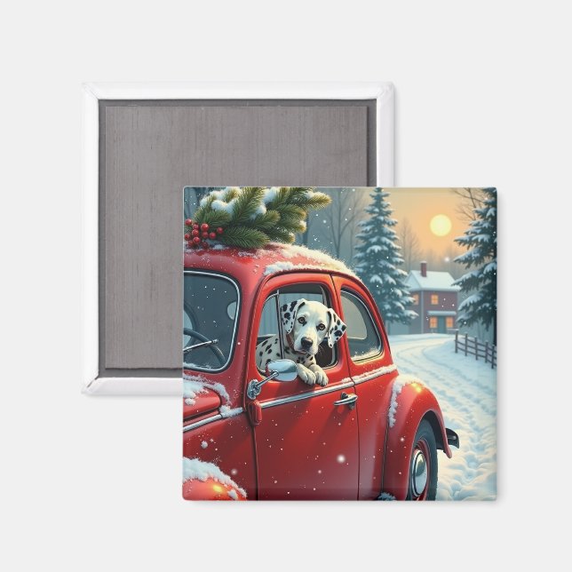 Imã Dalmatian Snowy Car Ride Christmas Painting (Front/Back)