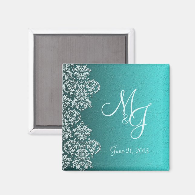 Imã Damask Turquoise Wedding Magnet (Front/Back)
