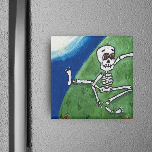 Imã Dança Engraçado Skeleton Moon (Silly dancing skeleton under moon on grassy hill on square Halloween magnet.)