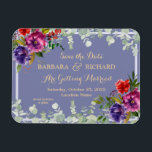 Ímã Data de Salvamento da Cor Floral Românica Roxana<br><div class="desc">Esta impressionante aquarela Salve o ímã flexível Date apresenta um fundo de lavanda leve com roxo, rosa escuro e um toque de flores vermelhas e cercado por verde e folhas de eucalipto. Douradas letras e toques de caligrafia são um acompanhamento perfeito das belas flores. Uma escolha design para dar o...</div>