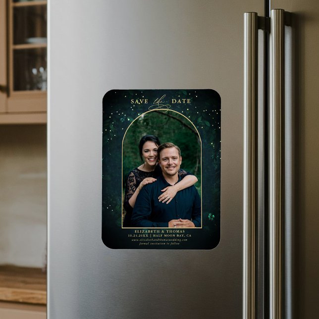 Ímã Data de Salvamento do Casamento de Floresta Encant (enchanted forest woodland wedding photo save date magnet dramatic moody dark romantic boho arch)