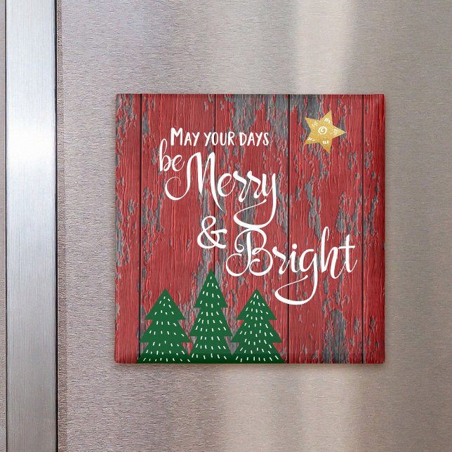 Imã Days Be Merry Bright Rustic Wood Trees Gold Star (Criador carregado)