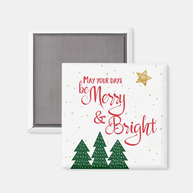 Imã Days Merry Bright Rustic Trees Gold Star Christmas (Front/Back)