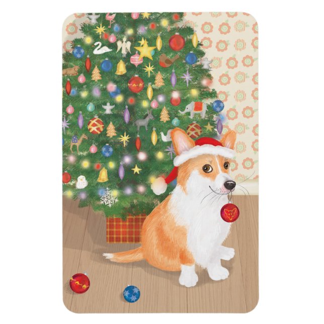 Ímã de árvore de Natal com corgi fofo (Vertical)