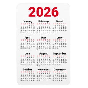Ímã de Calendário 2026 Preto Vermelho Cinza Bran