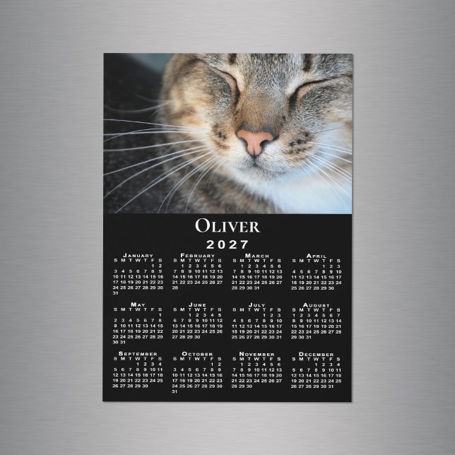 Ímã de Calendário 2027 com Nome de Foto de Animal  (Custom Pet Photo Name 2027 Calendar Black Magnet in situ)