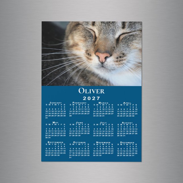 Ímã de Calendário 2027 com Nome de Foto de Pet Per (Custom Pet Photo Name 2027 Calendar Blue Magnet in situ)