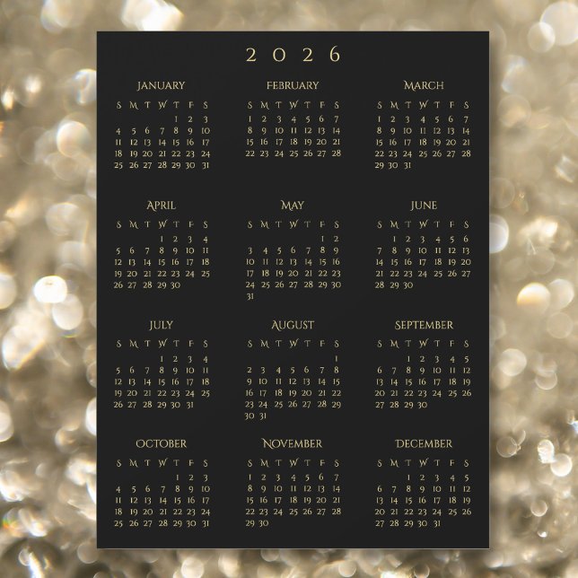 Ímã de Calendário Anual de Ouro Preto Ano 2026 (2026 Full Year Black Gold Yearly Calendar Magnet)