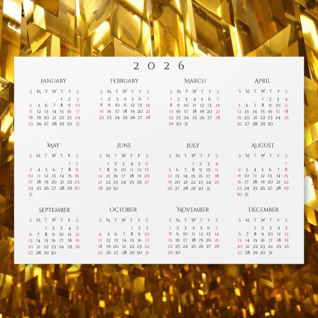 Ímã de Calendário Anual Simples Branco 2026 (Simple White 2026 Yearly Full Year Calendar Magnet)