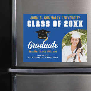 Ímã de Cartão de Formatura Branco Azul Foto de Gra