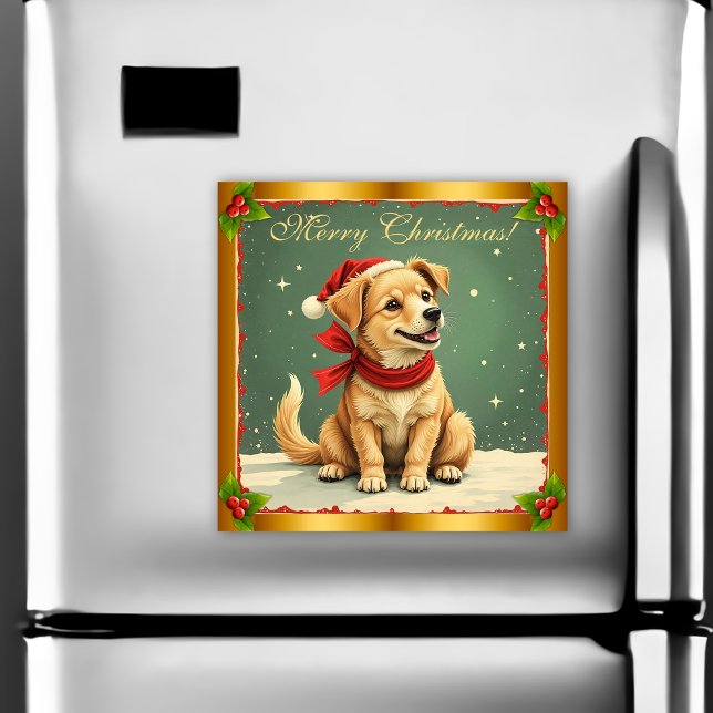 Ímã de cartão de Natal de cachorrinho Retriever Go (Retro Golden Retriever Puppy Christmas Card Magnet by the Olde Christmas Shoppe)