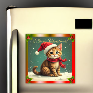 Ímã de cartão de Natal de gatinho malhado vintage