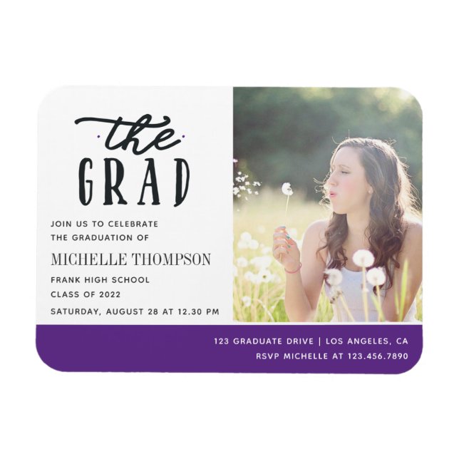 Ímã de Convite de Festa de Graduado Roxo e Branco (Horizontal)