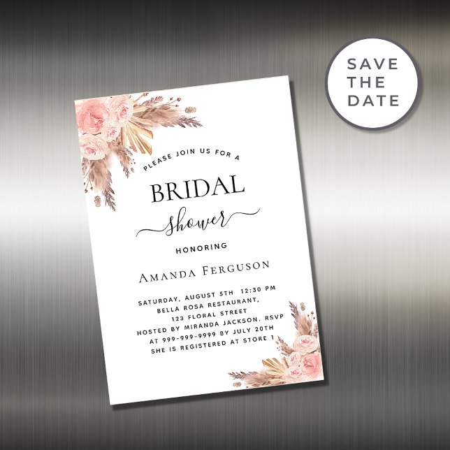 imã de convite de rosa boho chá de panela pampas (Criador carregado)