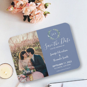 Ímã de data de casamento com monograma de folhas r