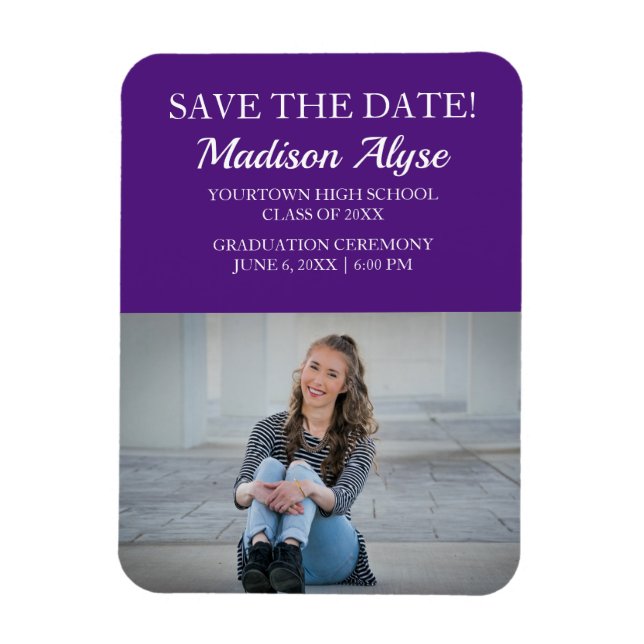 Ímã de Foto de Formatura Roxo Branco Save the Date (Vertical)