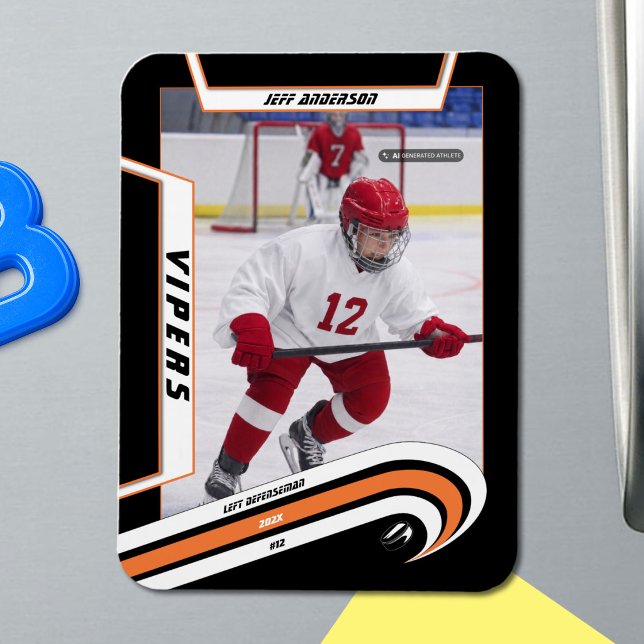 Ímã de Foto de Hockey no Gelo Laranja de Velocidad (Ice Hockey: Vibrant orange jersey magnet featuring customizable player image, logo, and number.)