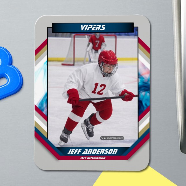 Ímã de Foto de Hockey no Gelo Laranja e Branco Cus (Ice Hockey Trading Card Magnet: Futuristic design, dynamic action. Perfect for kids!)