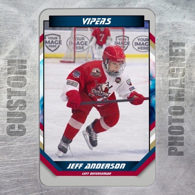 Ímã de Foto de Hockey no Gelo Laranja e Branco Per (Ice Hockey Trading Card Magnet: Futuristic design, dynamic action. Perfect for kids!)