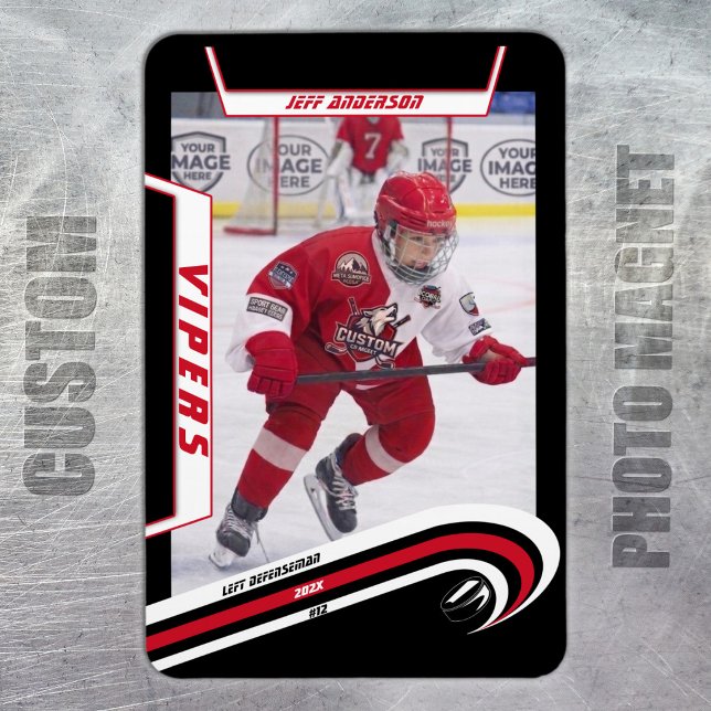 Ímã de Foto de Hockey no Gelo Personalizado Vermel (Ice Hockey: Custom jersey magnet with player image, logo, and number.)