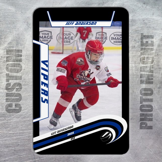 Ímã de Foto de Hóquei no Gelo Azul de Velocidade P (Ice Hockey: Custom blue jersey magnet featuring player image, logo, and number.)