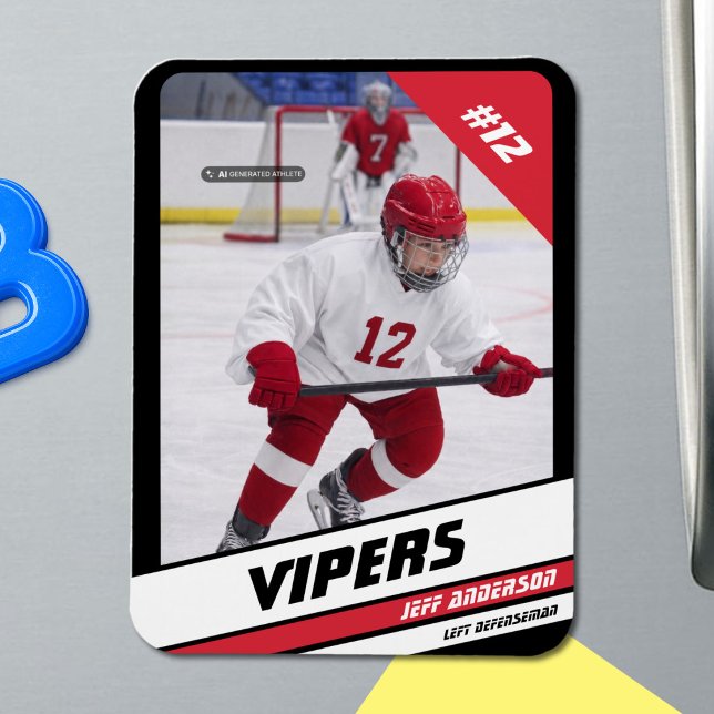 Ímã de Foto de Hóquei no Gelo Elite Vermelho Perso (Ice Hockey: Bold black and red jersey magnet featuring customizable player image and number.)