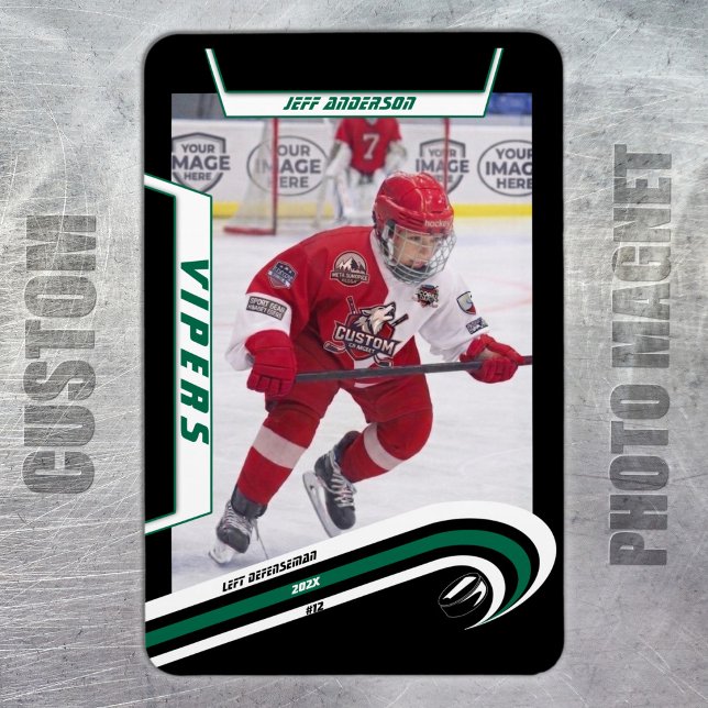 Ímã de Foto de Hóquei no Gelo Verde de Velocidade  (Ice Hockey: Customize your magnet with a green jersey, player image, logo, and number.)