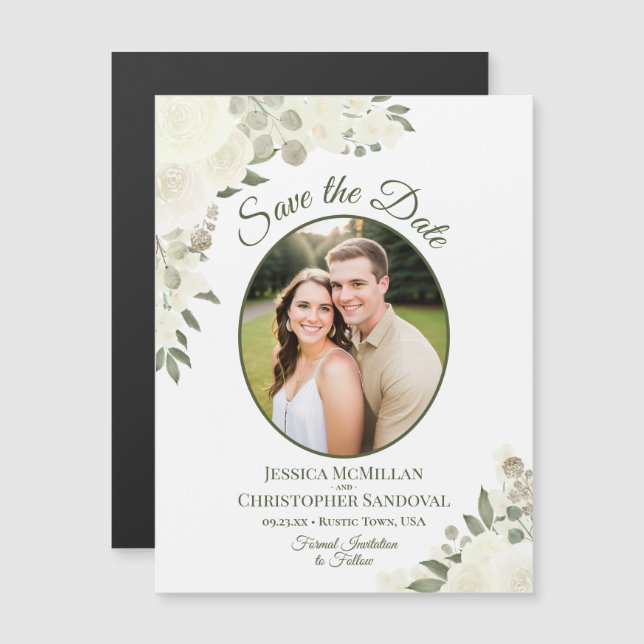 Ímã de Foto Oval de Save the Date Floral Branco Ma (Frente/Verso)