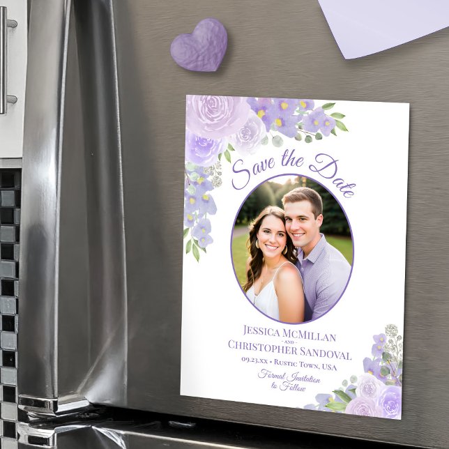 Ímã de Foto Oval de Save the Date Floral de Lavand (Magnetic for Easy Display!)