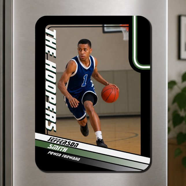 Ímã de Foto Personalizado de Basquete Preto Verde (Modern black, green & silver basketball photo magnet for your rising star.)