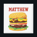 Imã de geladeira de Cheeseburger Duplo Personaliza<br><div class="desc">Use o campo "encher-in-the-vazio" para adicionar facilmente seu próprio nome ou mensagem curta a este ímã de geladeira fofo com um cheeseburger duplo,  parecido com água-viva. Faz um favor personalizado do partido divertido. Amar hambúrgueres e cheeseburgers? Encontre mais itens saborosos no compro Zazzle,  Designs de Asterisk.</div>
