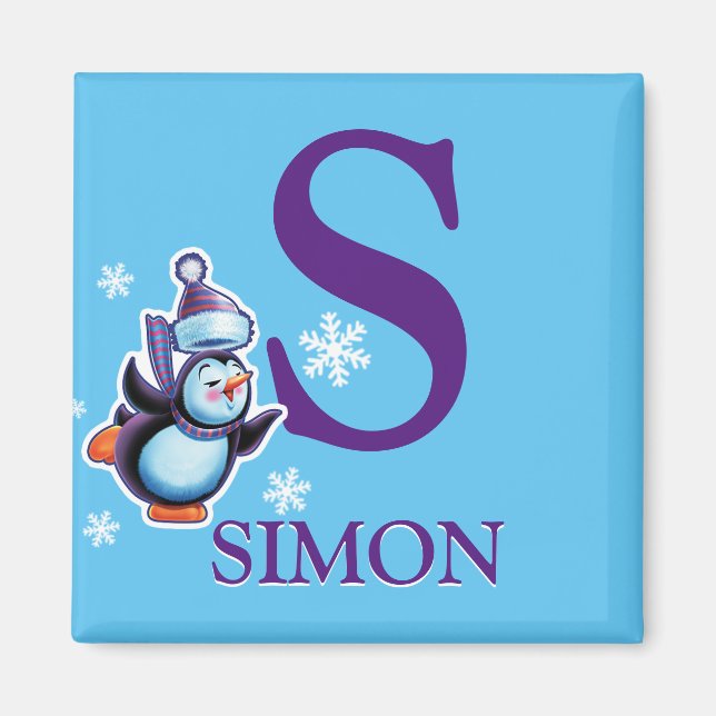 Imã de geladeira inicial de pinguim do menino (Frente)