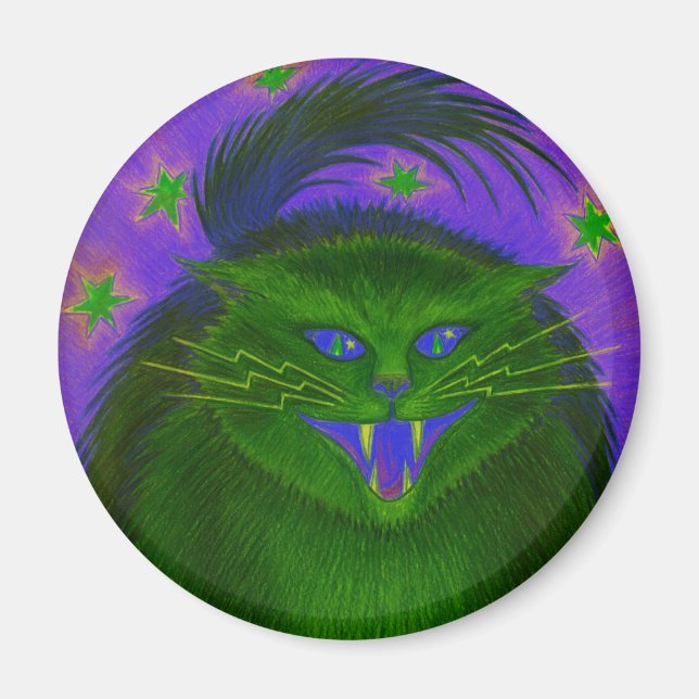 Imã de geladeira verde de Gato Assustador (Frente)