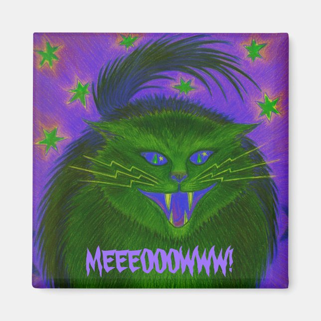 Imã de geladeira Verde de Gato Assustador 'MEEEOOW (Frente)