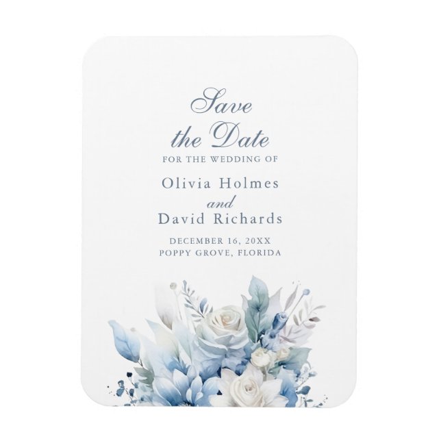 Ímã de Lembrete de Data Azul Empoeirado Flor Silve (Vertical)